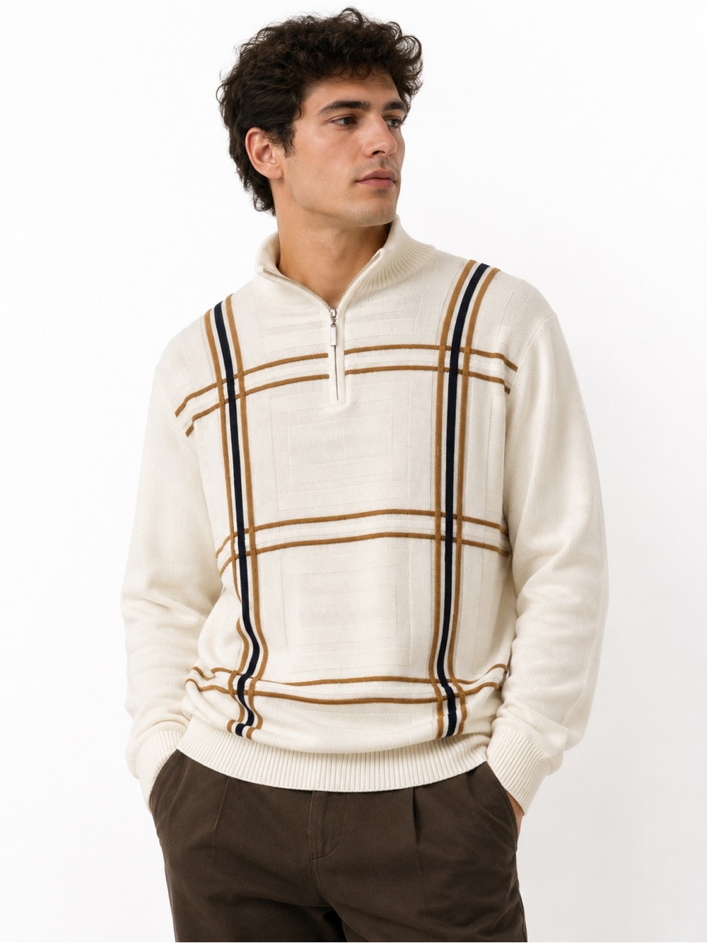 Stacy Adams Cream Zip-Up Sweater with Brown & Navy Windowpane